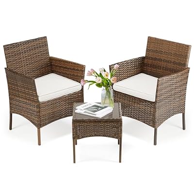 DUMOS Patio Furniture Set 3 Pieces, Outdoor Wicker Furniture with Coffee Table, Modern Rattan Patio Chairs Conversation Sets with Sofa for Garden, Terrace, Porch, Balconies, Lawns(Brown and Beige)