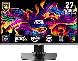 MSI MAG 272QP QD-OLED X50 26.5-inch 2560 x 1440 (WQHD) Gaming Monitor, 500Hz, AMD Adaptive-Sync, HDR Ready, HDMI, VGA Port, VESA Mountable, Tilt, 4-Side Slim Bezel, 0.03ms, Black