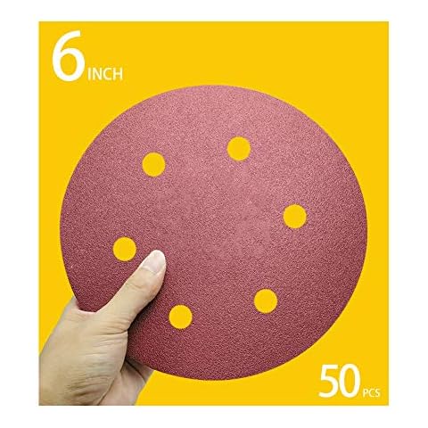 50 PCS 150mm Hook and Loop Sanding Discs - 6 Inch 6 Hole Assorted Sandpaper Orbital Sander Pads,5 pcs of Each 40 60 80 100 120 180 240 320 400 800 Grit Obital Sandpaper Cover