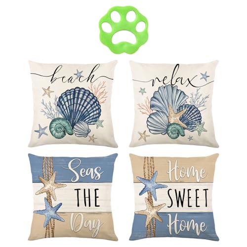 ZGDEIWGF 4 almohadas, 1 accesorio para el cabello, cojín de conchas, funda de almohada náutica, funda de almohada para exteriores