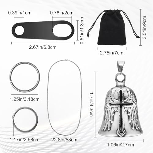 Image of Black Cross Motorcycle Bell Guardian Angel, Good Luck Motorcycle Bell Bikers with 2 Key Chain Ring Accessories, Black Hanger, Velvet Pouch and Titanium Steel Necklace
