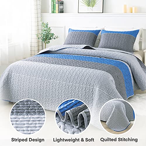 Image of Andency Stripe Quilt Set Queen(96x90Inch), 3 Pieces (1 Striped Quilt and 2 Pillowcases) Blue and Grey Patchwork Bedspread Coverlet Set, Soft Quilted Bedding Set