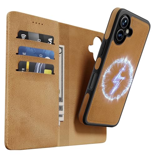OASISBLUE iPhone 16 Hülle [2 in 1 Magnetisch Abnehmbar] Kabelloses Laden Kompatibel Stoßfest Schutzhülle Lederhülle Klapphülle Handyhülle für iPhone 16 - braun