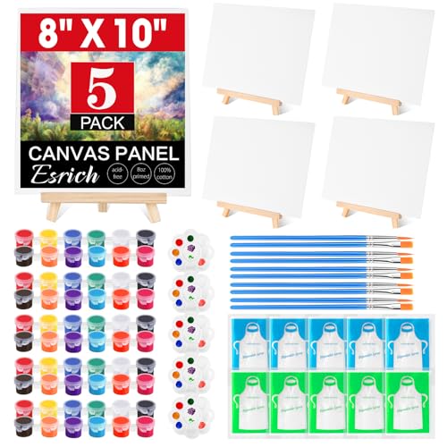 ESRICH 5 Pack 8x10 Canvas and Easel Set Mini Acrylic Paint Paint Brushes Palettes Aprons Paint Kits for Adults Couples Friends Date Night Painting Party Supplies