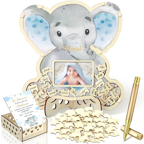 Image of Wenqik 63 Pcs Elephant Baby Shower Guest Book Alternatives Set Baby Shower Decorations with Photo Frame Sonogram Frame Keepsake 60 Wood Slices Guest Book for Birthday