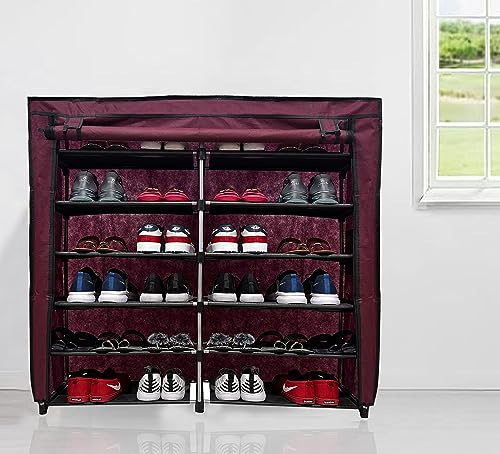 Image of Multi Utility 12 Layer Shelf Collapsible Metal Pipes with Non-Woven 100GSM Fabric Cover for Shoe /Cloth /Toy /Books Rack (Maroon, Metal)