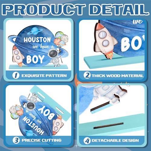 Image of Realspring 6 Pcs Space Baby Shower Wooden Table Decorations for Boy Themed Planet Astronaut Space Party Centerpieces Sign Home Decoration for It's a Boy Baby Shower Birthday Party Supplies