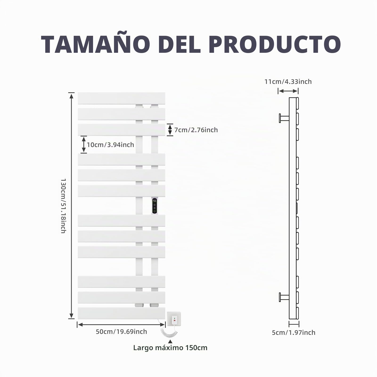 Toallero Baño Radiador, Toallero Electrico Baño Blanco WiFi, 500×1300mm, 450W, Calentador de toallas WiFi, para Alexa y Google Home y APP, Radiador Toallero Electrico, Ahorro energía-WiFi White Left
