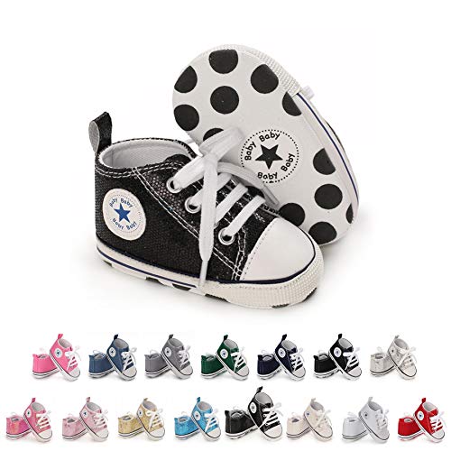 Bebé Niña Primeros Pasos Zapatos, 0-18 Meses Niños Infante Zapatos de Lona con Lentejuelas Suela Blanda Antideslizante Prewalkers Recién Nacido Zapatillas Deportivas con Cordones