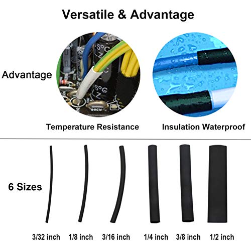 180 PCS 3:1 Dual Wall Adhesive Heat Shrink Tubing kit, 6 Sizes(Dia): 1/2\", 3/8\", 1/4\", 3/16\", 1/8\", 3/32\", Marine Wire Cable Sleeve Tube Assortment with Storage Case for DYI by MILAPEAK (Black)