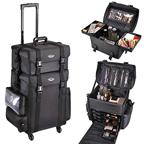 Byootique Classic Black 2in1 Soft Sided Rolling Makeup Case Freelance Makeup Artist Cosmetic Organize Storage Travel Train Case