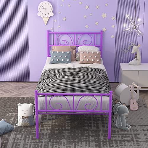 Purple Twin Beds For Girls/Teen Twin Bed Frames No Box Spring Need Twin Bed Mattress Foundation With Headboard Single Metal Platform Bed Frame #TOP4