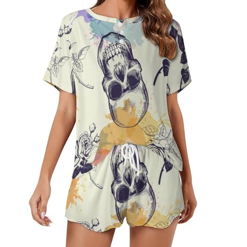 Pyjama court femme crâne aquarelle : ensemble de nuit d'été léger