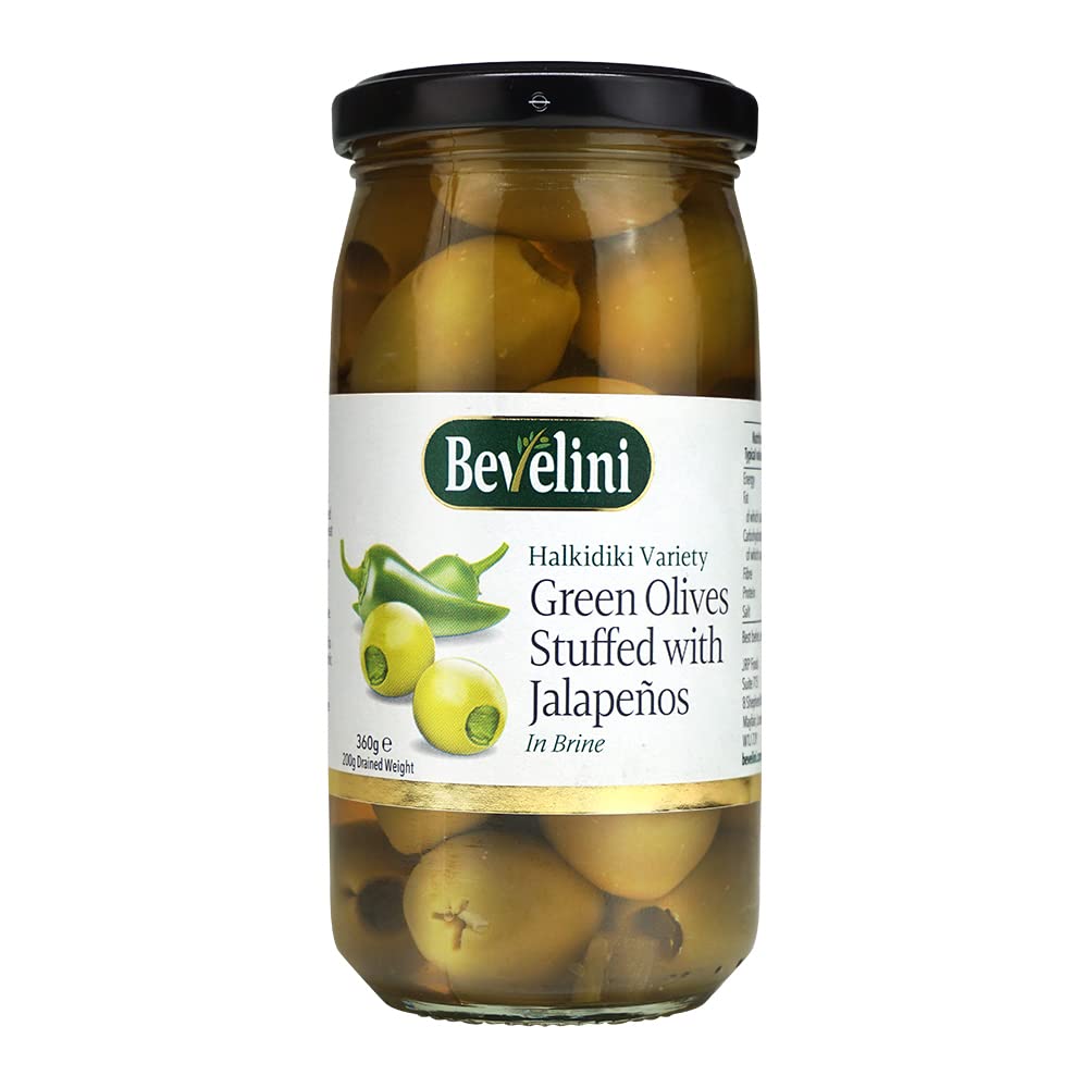 Bevelini Halkidiki Variety Green Olives Stuffed with Jalapenos in Brine, Premium Mediterranean Olives, Firm Texture & Bold Flavour, Ideal Platters, 360g (Pack of 6)