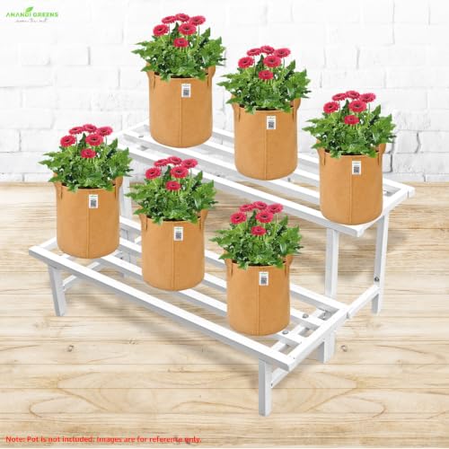 Image of Anandi Green's White Heavy Duty 2 Tier Metal Plant Stand for Grow Bags Planters and Pots Rust Resistant Plant Pot Holder Rack for Outdoor Balcony Indoor Living Room and Garden Supports Up to 100 kg