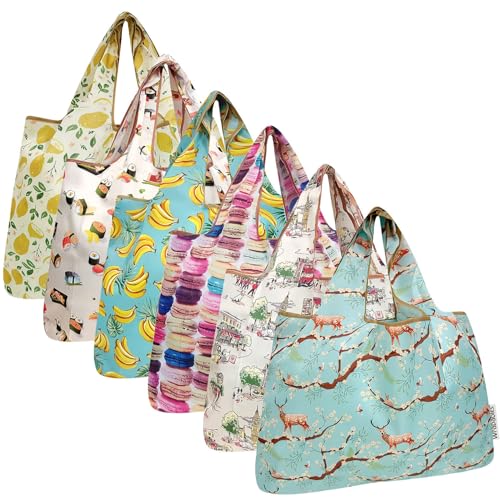 allydrew Large Foldable Tote Nylon Reusable Grocery Bags, 6 Pack, Tasty Delights
