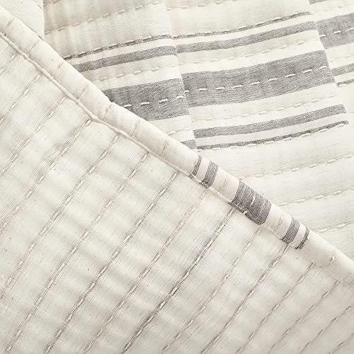 Image of Lush Decor Farmhouse Stripe Kantha Pick Stich Yarn Dyed Cotton Woven Throw Reversible Ticking Pinstripe Design Blanket, 50 inch x 60 inch, Gray