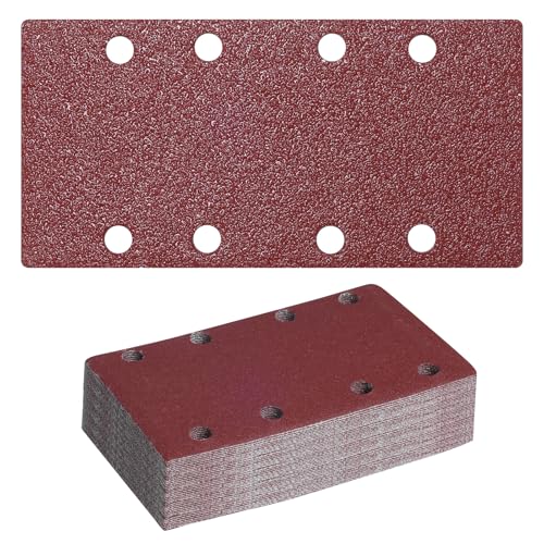 Schleifpapier Set 50 Stück, 93 x 185mm Fein Schleifpapier Klett 40/60/80/120/240 Körnung Schleifblätter Set, 8 Löcher Sander Schleifpad für Schwingschleifer, Zubehör für Multischleifer