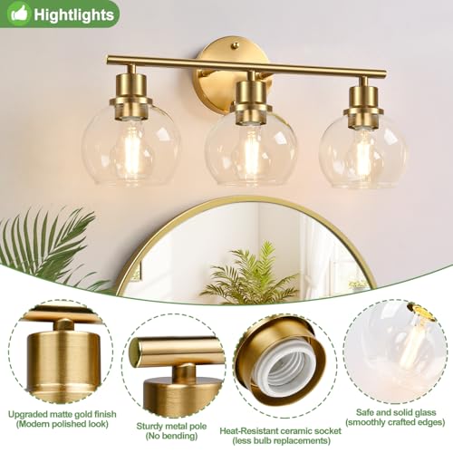 Image of Indoi 3-Light Bathroom Light Fixtures, Brushed Gold Modern Vanity Lights Over Mirror with Clear Glass Globe Shade, Bathroom Wall Sconces for Mirror Kitchen Living Room Hallway Cabinet Bedroom Porch