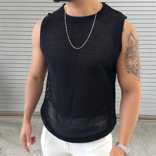 Men Casual Knitting Tank Tops Summer Sexy Transparent Beach Vest Sleeveless Hollow Out Sweater4