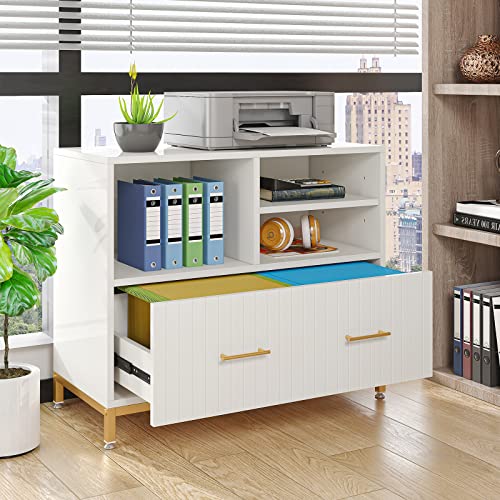 Tribesigns Lateral File Cabinet with Drawer, White Filing Cabinet with Adjustable Hanging Rod for Letter/Letter/A4 Size Files, 35.4" Wood Modern Printer Stand with Open Storage Spaces for Home Office