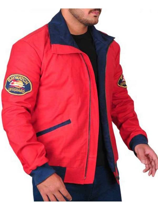 Mens Letterman David Hasselhoff Baywatch Lifeguard Beach Style Red Bomber Cotton Varsity Jacket