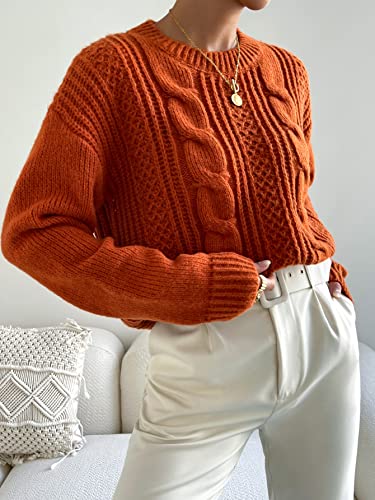 Image of MakeMeChic Women's Cable Knit Sweaters Drop Shoulder Long Sleeve Crew Neck Casual Pullover Tops Rust Brown Large