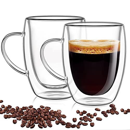 2 Stücke Doppelwandige Latte Macchiato Gläser Set,Hitze- und Kältebeständigkeit Doppelwandiger Glasbecher mit Henkel Transparenter Teegläser Doppelwandig Espressotassen Glas (2 Stück) Cover