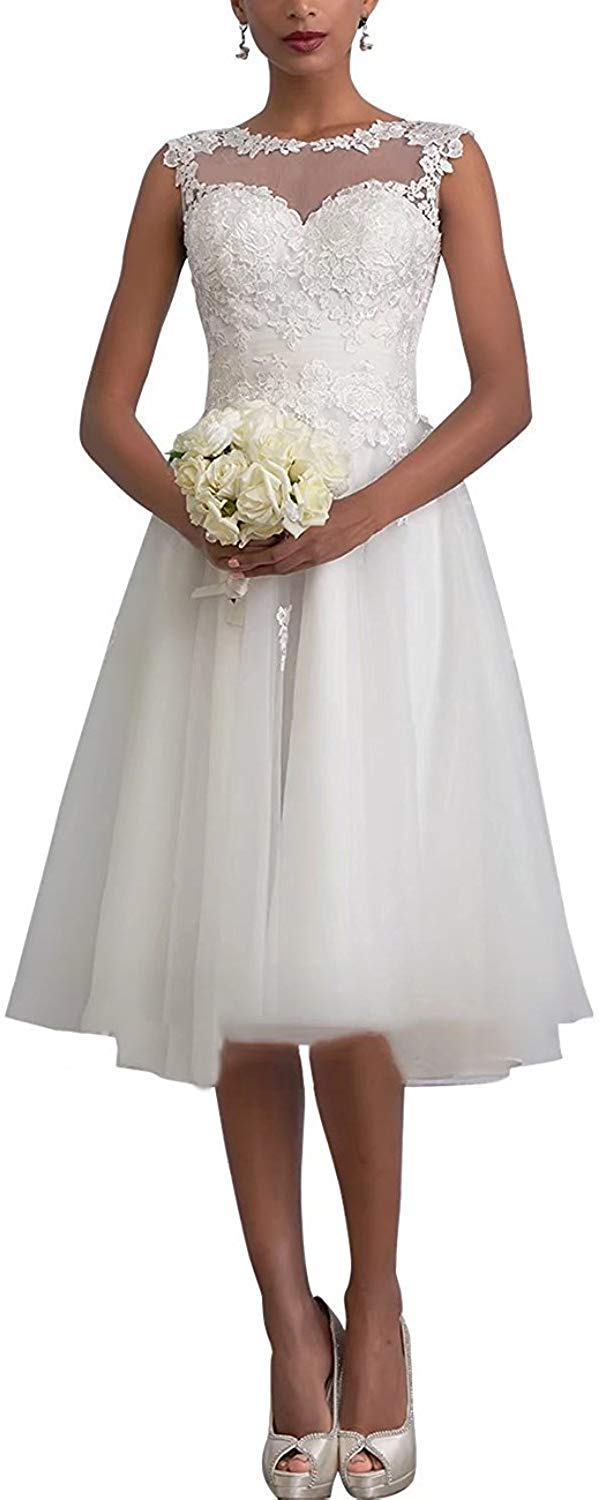 Vestido de Novia de Tul Y Encaje Femenino Elegante Vestido de Noche Corto Vestido de Baile, Blanco, 32