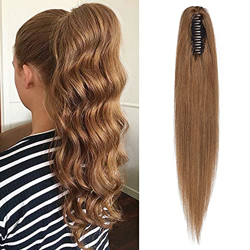 S-noilite Ponytail Extension Claw Short Human Hair 14" Clip in Hairpieces Jaw On Pony Tails Soft Straight Remy Hair Extensions 105g For Women Light Brown