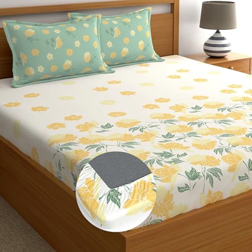 Image of Dreamscape 100% Cotton Queen Fitted Bedsheet with 2 Pillow Covers - (Size 60 x 78 inches, 140 TC, Colour - Beige)