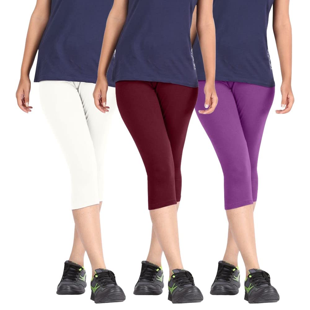 Biowashed Cotton Stretchable Capri Legging Combo Pack of 3 for Women/Girls/Ladies (White, Maroon and Purple) - Free Size-picture-24