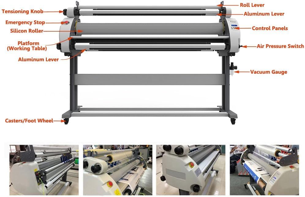 INTSUPERMAI Cold Hot Laminator Machine 63in 1600mm Full-auto Wide Format Laminator Pneumatic Low Temperature Cold Laminating Machine with Self-Stripping System Stand Trimmer Vinyl Roll Storage Cart