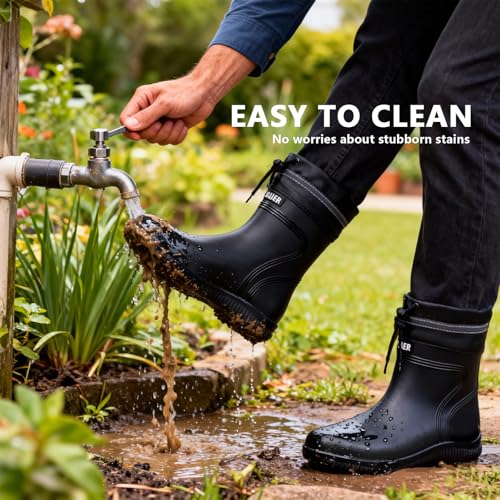 Image of Rain Boots for Men Waterproof Mens Mid-Calf with PVC Rubber Boots Mens Mud Boots, Garden Boots Comfort Lightweight Gardening Fishing Shoes for Yard Farm Outdoor Work