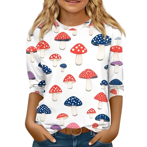 Girls Shirts 3/4 Sleeve Crew Neck Tops Graphic Blouses Elbow Sleeve Pullover Tops Cute Fall Winter Clothes 5-16 Years