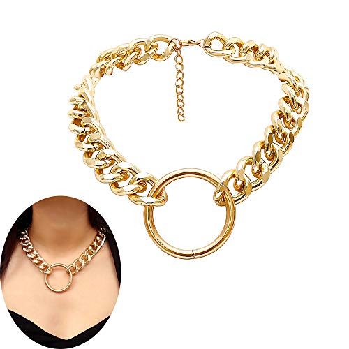 Daimay Women's Alloy Choker Necklace Heavy Cuban Chunky Chain Punk Gothic Necklaces - Silver Circle - Gold