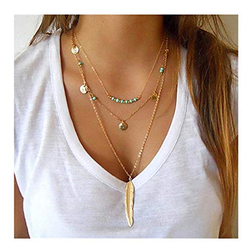 LittleB Layered Necklaces Alloy Feathers Turquoise Boho Necklace Jewelry for women and girls
