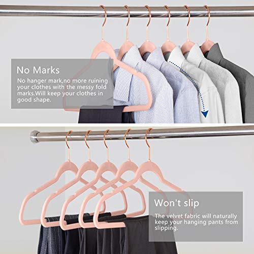 Premium Velvet Hangers HeavyDuty - Non Slip Sturdy Suit Hangers- Rose Gold Swivel Hooks - Felt Hangers-Space Saving Clothes Hangers 50 Pack for Skirts Coats (Blush Pink/Rose)