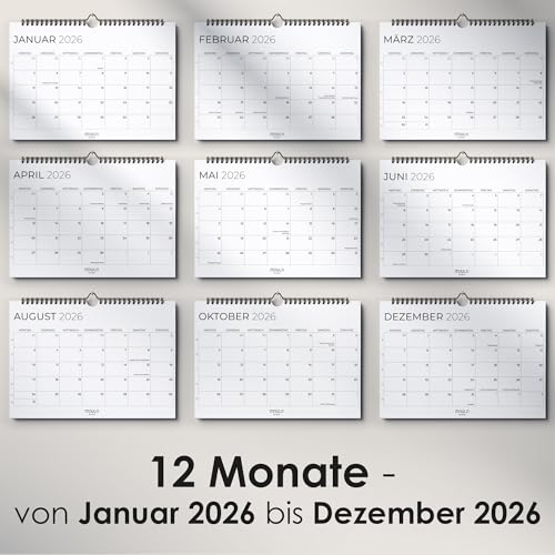 Kalender 2026 Wandkalender – Monatskalender A4 Querformat - Familienkalender von Januar bis Dezember 2026 mit übersichtlicher Jahresplanung – Jahreskalender Ideal als Familien- oder Paarkalender