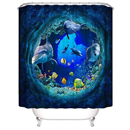 Underwater World 3D Ocean Dolphins and Tropical Fish Shower Curtain, Blue Underwater Cave Scene with Marine Wild Life Bathroom Decor Fabric Curtain 180 * 180cm