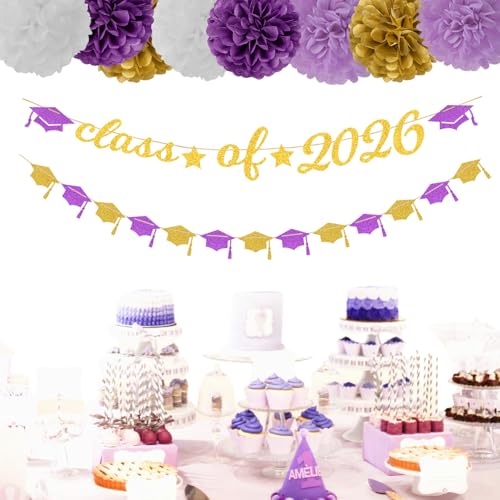 Image of Purple White-Gold Party-Decorations Graduation Banner - 8pcs Kits Class of 2026 Cap Garland Streamers, Paper Tissue Pom Poms Flowers, Congratulations Grad Decor Lasting Surprise