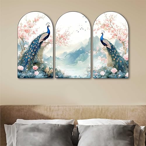 Image of Livin'luxe Peacock Wall Painting | Set of 3 MDF Panel Wall Art | Elegant Floral & Mountain Theme Decorative Painting for Living Room, Bedroom, Hallway & Home Interiors (20 x 30 Inch) RPNS-21