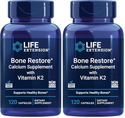 Image of Life Extension Bone Restore with Vitamin K2 - Bone Health Supplement for Strong Bones - 3 Types of Absorbable Calcium, Vitamins D3 and K2, Minerals - Gluten-Free, Non-GMO - 120 Capsules (Pack of 2)