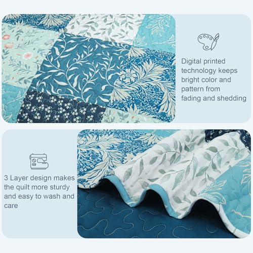 Exclusivo Mezcla Reversible Boho Quilt Set Queen Size, 3 Pieces Patchwork Navy Blue All Season Bedspreads, Ultra Soft Floral Coverlet Bedding Set with Printed Pattern (1 Quilt, 2 Pillow Shams)