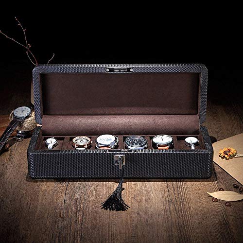 Yjdr La Fibra de Carbono de Reloj de Cuero Caja de Seis Posiciones de visualización Viajes Caja de Reloj de Pulsera de Almacenamiento colección de la Caja 34 * 12 * 9 cm / 13,3 * 4,7 * 3,5 Pulgadas Cover