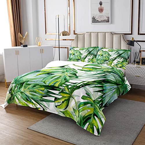 Palmblatt Tagesdecke 220x240,Hawaii Gesteppt Aquarell Monstera Tagesdecke für Kinder Jungen Mädchen Teenager,Tropischen Blättern Tagesdecke Quilt-Set für Schlafzimmer Wohnheim Wohnzimmer Grün