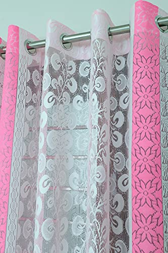 Image of Exporthub 2 Pieces Fancy Sparkling White Flowers Pink Stripe Heavy Quality Sheer Strip Semi-Transparent Net Curtains - Size - Door - 4 x 7 feet (EHSPR774 74)