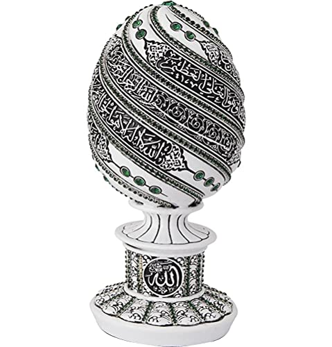 Islamic Table Decor Gift Egg Sculpture Statue Muslim Showpiece Home Decor Gifts Eid Ramadan Arabic Ayatul Kursi (7.5in White/Green)