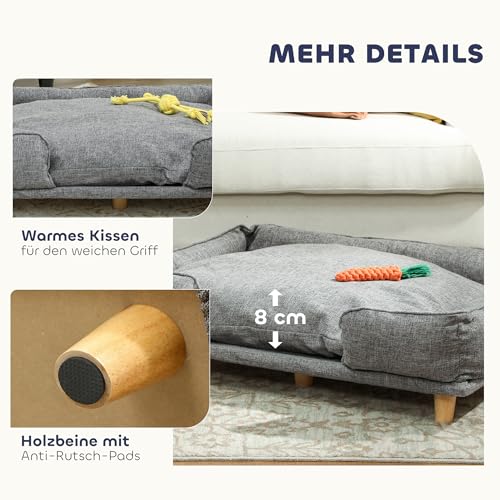 PawHut Hundesofa Hundecouch mit Rückenlehne, Holzbeine Hundebett mit Polyester Haustiersofa Katzensofa für große Hunde bis zu 30 kg und 60 cm Schulterhöhe, 96 x 66 x 24 cm Dunkelgrau