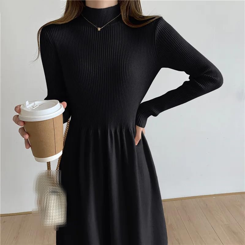 Robe midi en tricot à col roulé pour femme - Style vintage - Ample - Manches longues - Dentelle